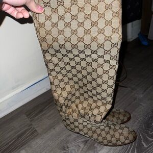 Gucci Tan Monogram Knee-High Boots
